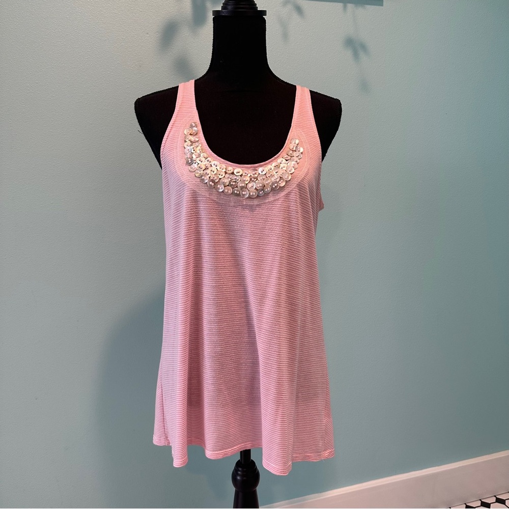 Colette pink n white striped tank w/mother of pearl beading accent